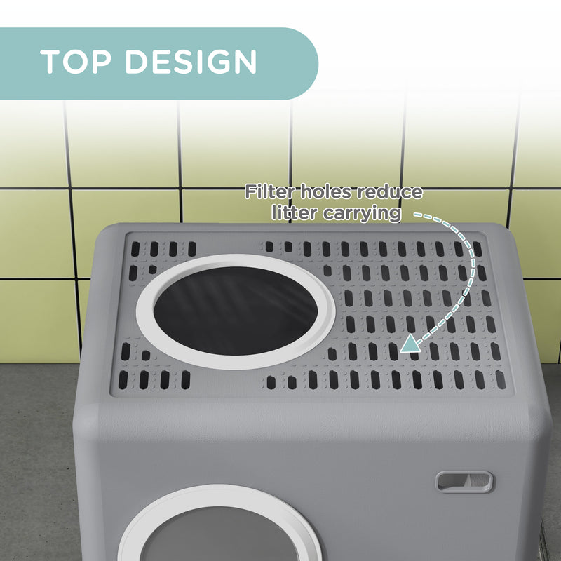 Cat Litter Box Enclosed with Lid Front Entry Top Exit, Drawer Tray, Scoop, 52L x 41W x 38.5Hcm - Grey