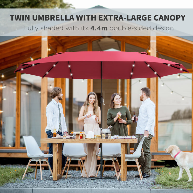 4.4m Double-Sided Sun Umbrella Garden Parasol Patio Sun Shade Outdoor with LED Solar Light, NO BASE INCLUDED, Wine Red
