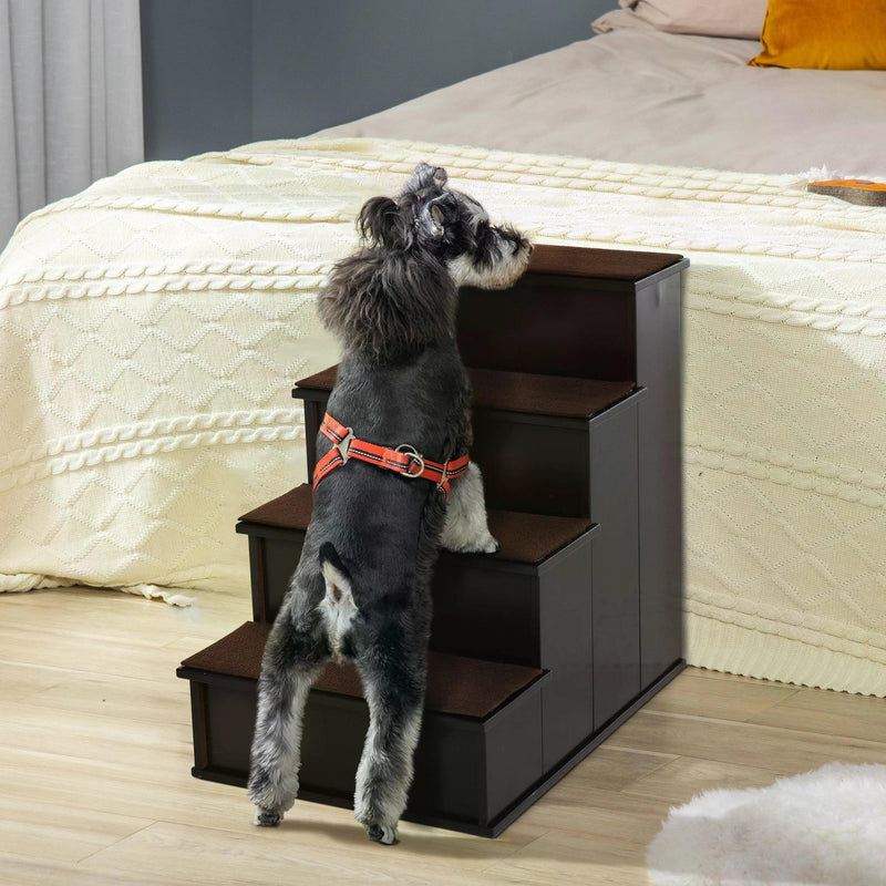 4 Step Cushioned Pet Stairs Ramp Steps for Dogs, Cat Ladder for Bed Couch with Non-Slip Carpet, 40 x 59 x 54.2 cm, Dark Coffee