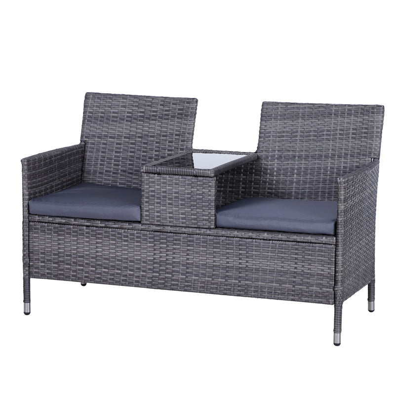 Garden Rattan 2 Seater Companion Seat Wicker Love Seat Weave Partner Bench with Cushions Patio Outdoor Furniture - Grey