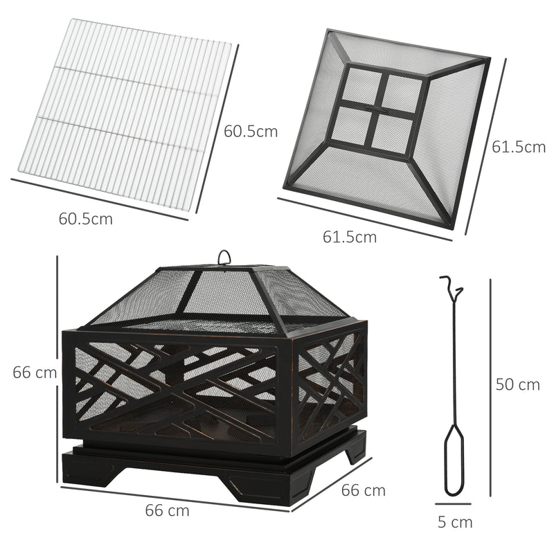 66cm 2 in 1 Square Fire Pit Metal Brazier for Garden, Patio with BBQ Grill Shelf & Spark Screen Cover & Poker, Black