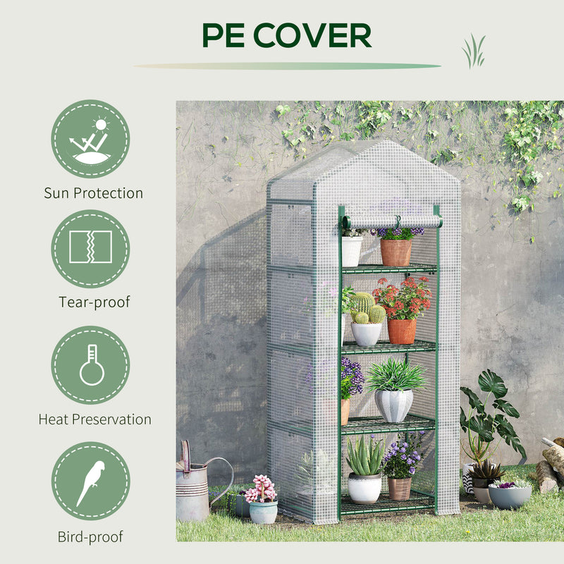 4 Tier Mini Greenhouse, Portable Green House with Steel Frame, PE Cover, Roll-up Door, 70 x 50 x 160 cm, White