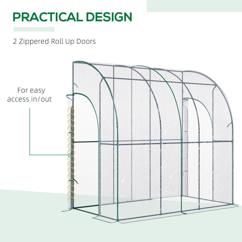 Outdoor Walk-In Lean to Wall Tunnel Greenhouse with Zippered Roll Up Door PVC Cover Sloping Top, Clear, Green 214cm x 118cm x 212cm