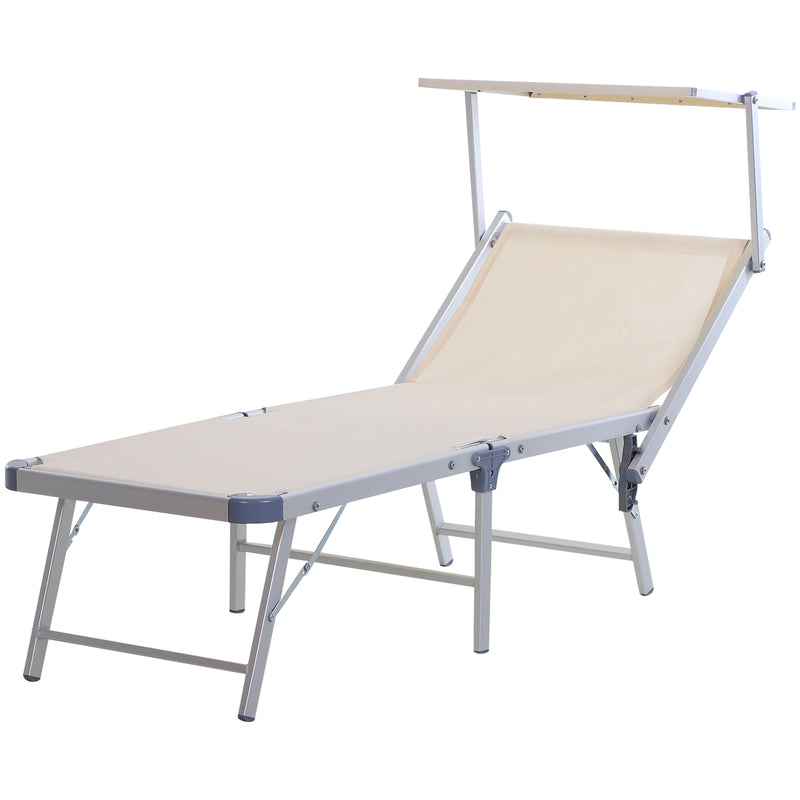 Garden Sun Lounger Texteline Chaise Lounge Reclining Chair with Canopy Adjustable Backrest Bed Aluminium Frame - Beige