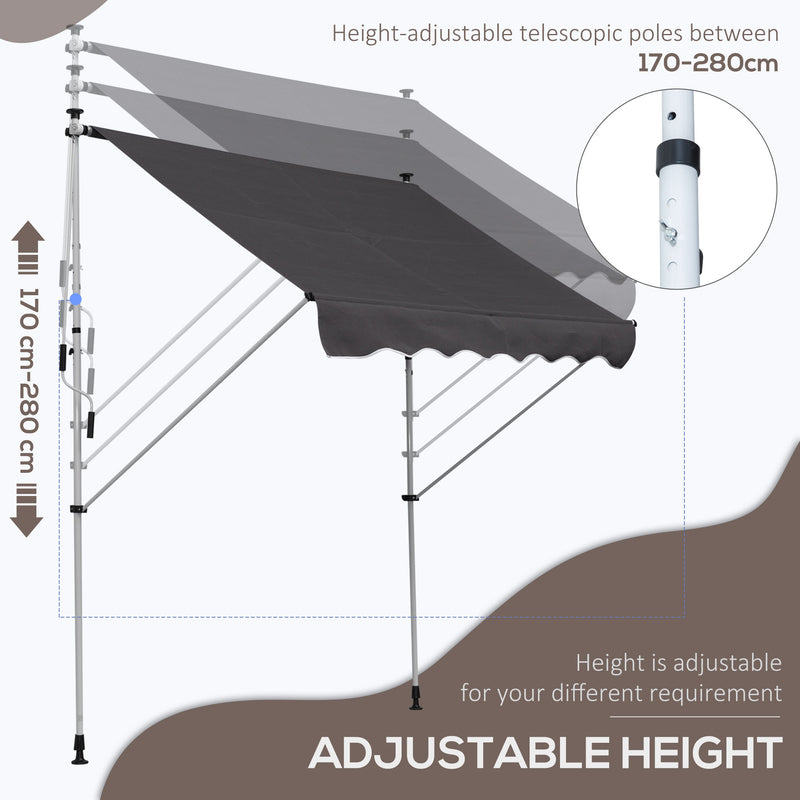 Balcony 2 x 1.5m Manual Adjustable Awning DIY Patio Clamp Awning Canopy Retractable Shade Shelter - Grey