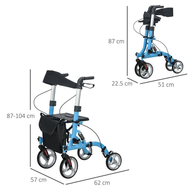 4 Wheel Rollator with Seat & Back, Lightweight Folding Mobility Walker w/ Large Wheels, Carry Bag, Adjustable Height, Dual Brakes, Blue