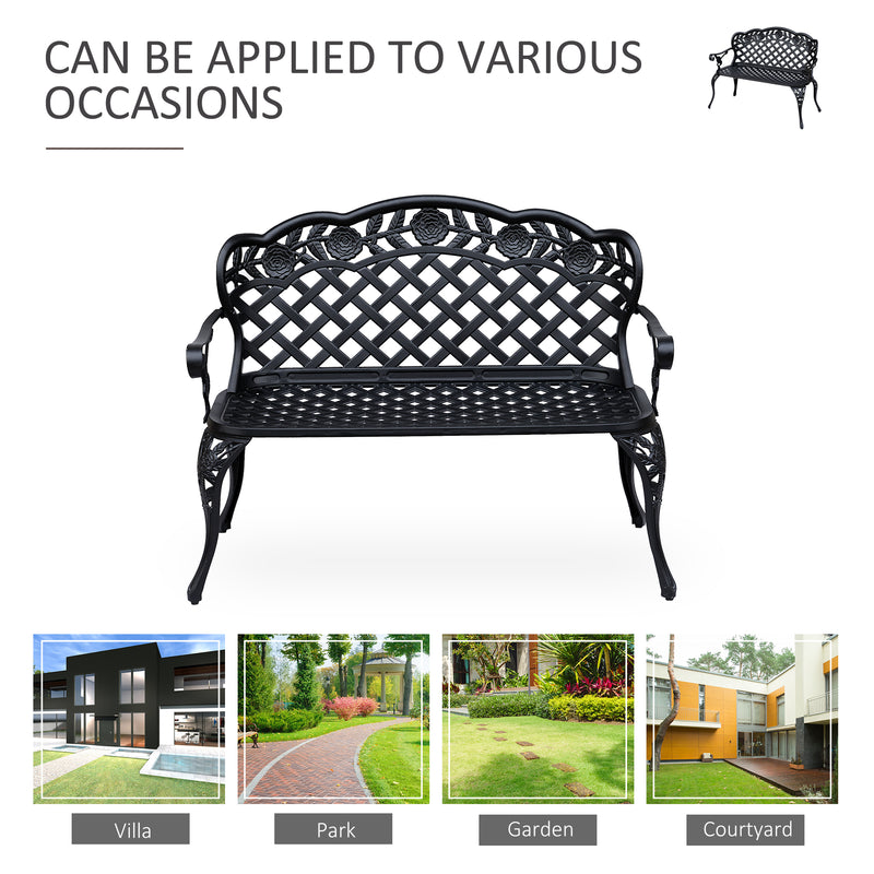 Cast Aluminium Garden Bench Outdoor Patio 2 Seater High Back Chair Armrest Antique Style Black