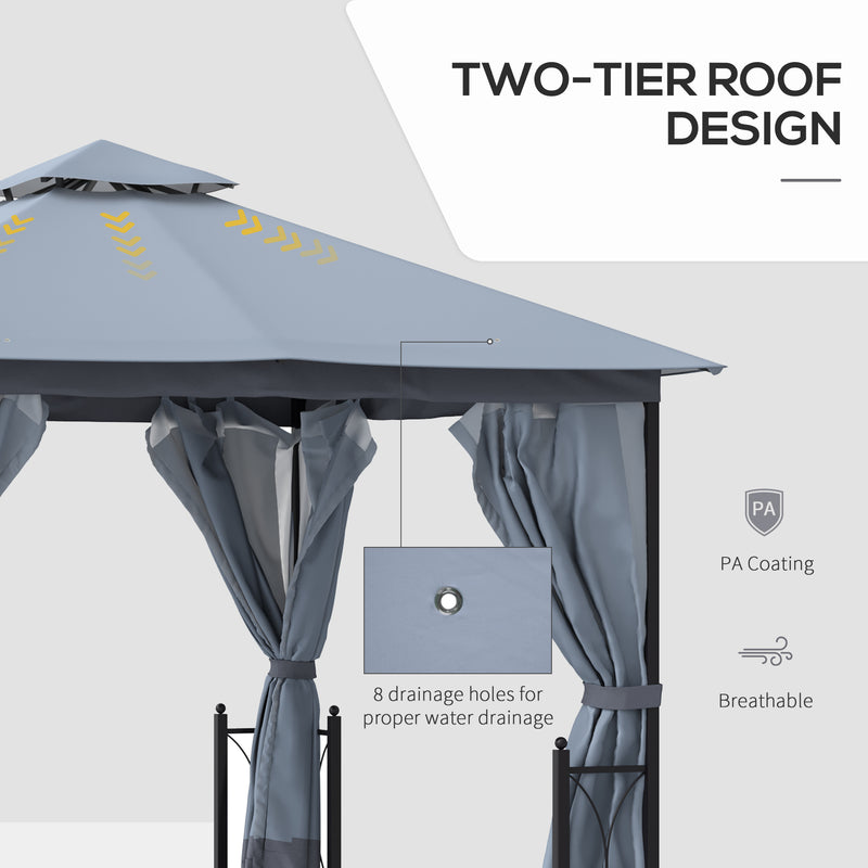 4 x 3.35(m) Patio Metal Gazebo Canopy Garden Tent Sun Shade, Outdoor Shelter with 2 Tier Roof, Netting and Curtains, Steel Frame, Grey