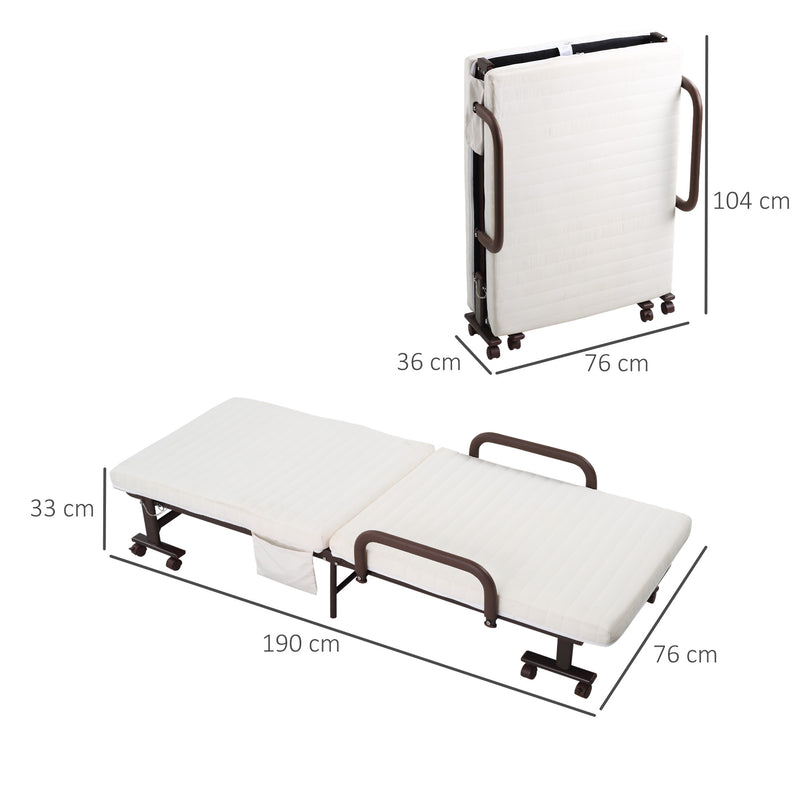 Folding Bed with 8cm Mattress, Portable Foldable Guest Bed with Adjustable Backrest, Metal Frame on Wheels, Brown