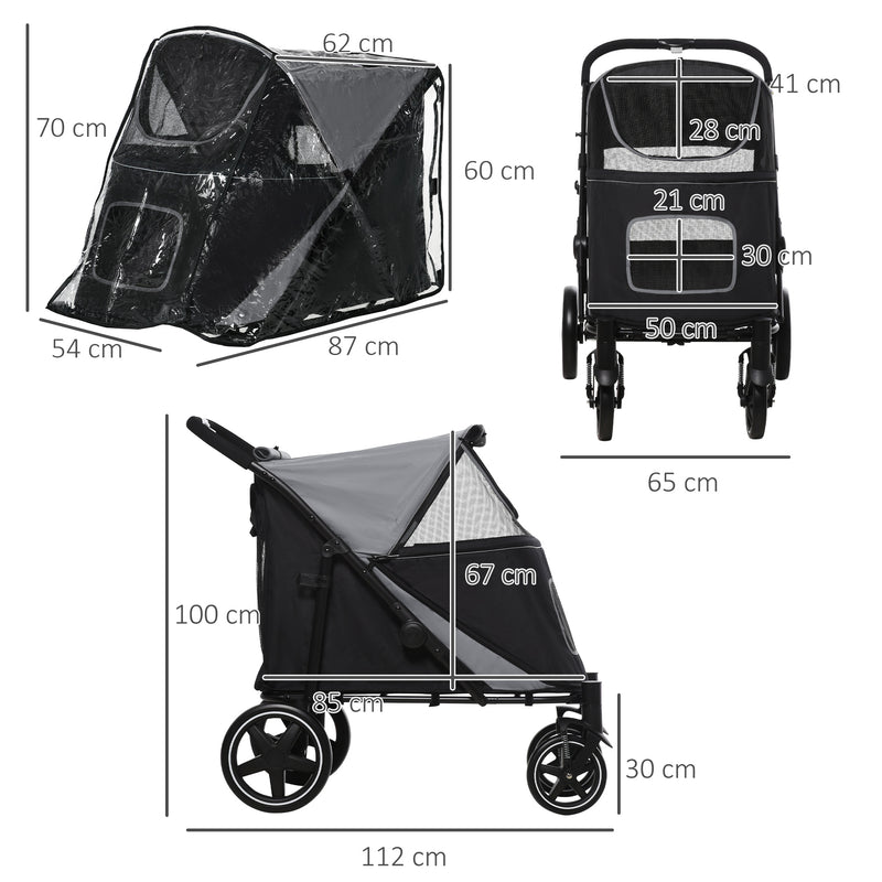 4 Wheel Pet Stroller with Rain Cover for Medium and Large Dogs - Black