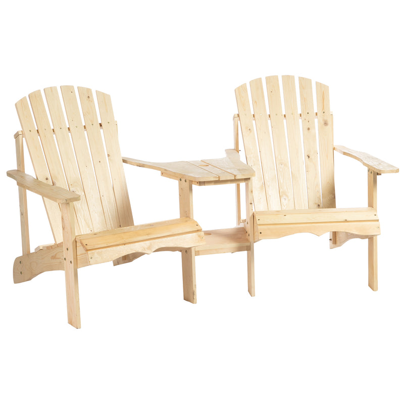 Wooden Outdoor Double Adirondack Chairs Loveseat w/ Center Table and Umbrella Hole, Garden Patio Furniture for Lounging and Relaxing, Natural