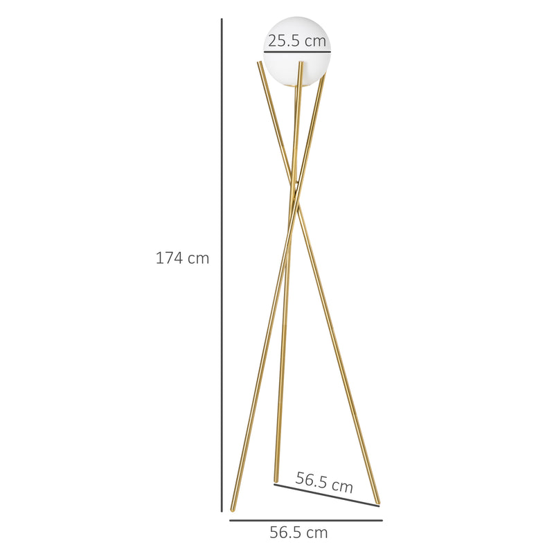 Tripod Floor Lamp with Globe Lampshade, Modern Standing Light with Foot Switch, E27 Base for Living Room, Bedroom, Gold and White