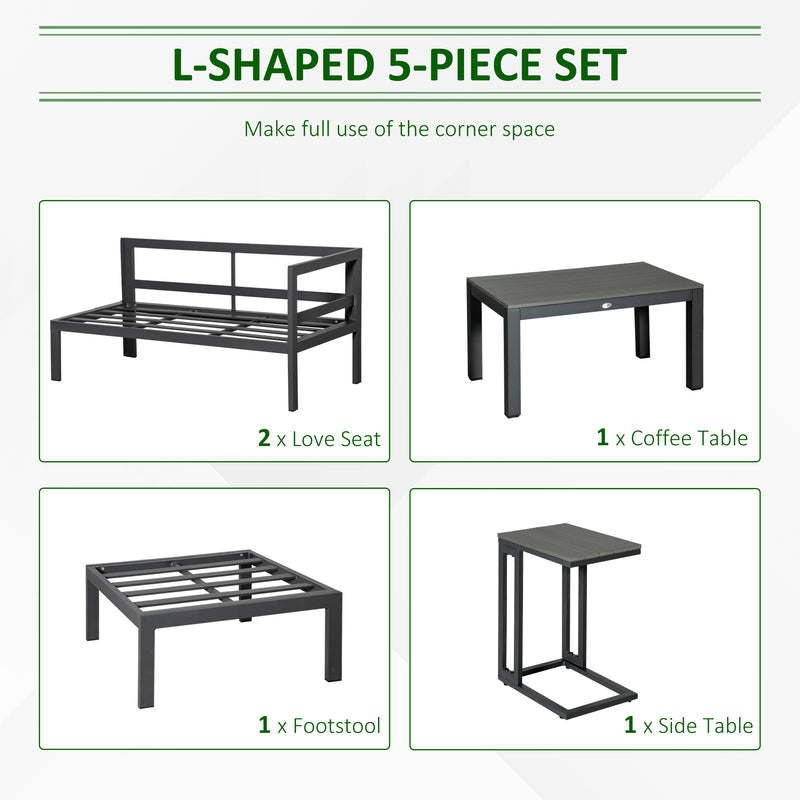 5-Piece L-shaped Garden Furniture Set, Aluminium Conversation Set, Corner Sofa Set with Coffee Table End Table Cushions, Grey Frame