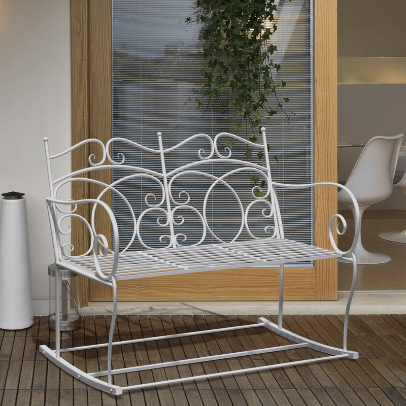 Patio 2 Seater Rocking Bench Steel Garden Outdoor Garden Loveseat Chair w/ Decorative Backrest White