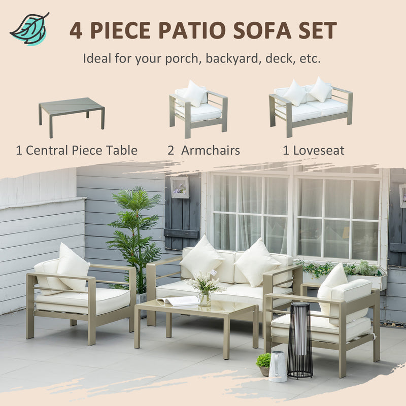 4 Pieces Outdoor Garden Furniture Set, Aluminium Frame Backyard Furniture w/ Thick Padded Cushioned Loveseat Glass Top Table Champagne Gold