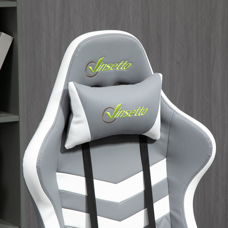 Racing Gaming Chair with Lumbar Support, Headrest, Swivel Wheel, PVC Leather Gamer Desk Chair for Home Office, Grey White