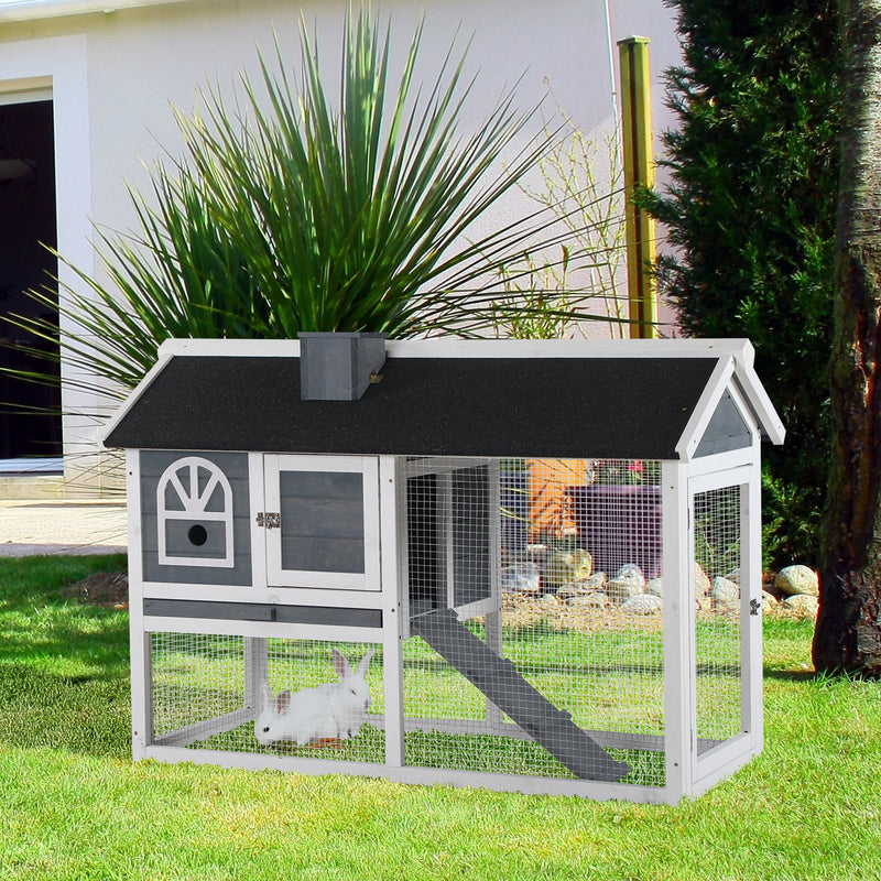 Guinea Pigs Hutches Wood Bunny Cage for Outdoor Indoor with Pull Out Tray Run Box Ramp Asphalt Roof for Small Animals Grey