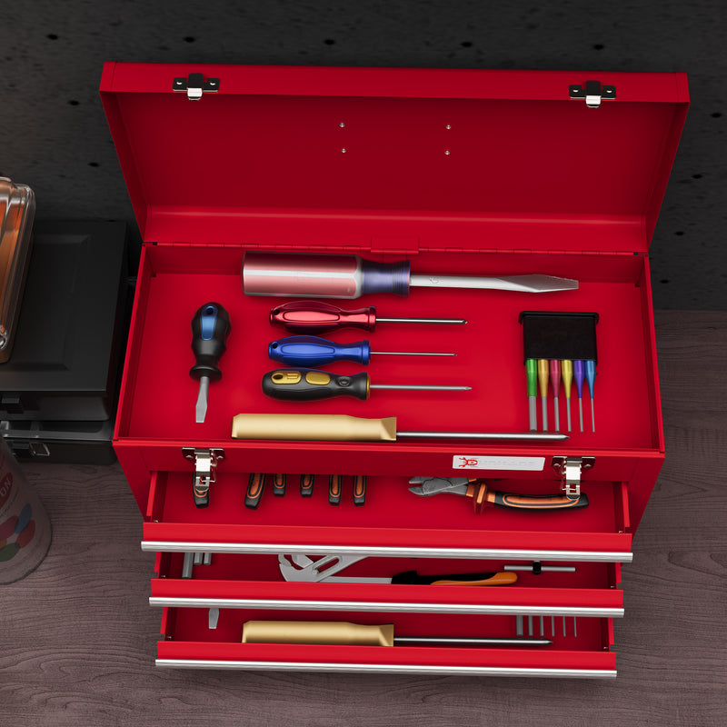 Lockable Metal Tool Box, 3 Drawer Tool Chest with Latches, Handle, Ball Bearing Runners, Red