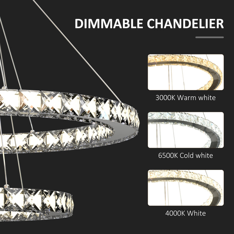 Modern LED Chandelier with 2 Crystal Rings, Dimmable Pendent Ceiling Light Cool Warm White with Adjustable Cable Remote Controller, Silver