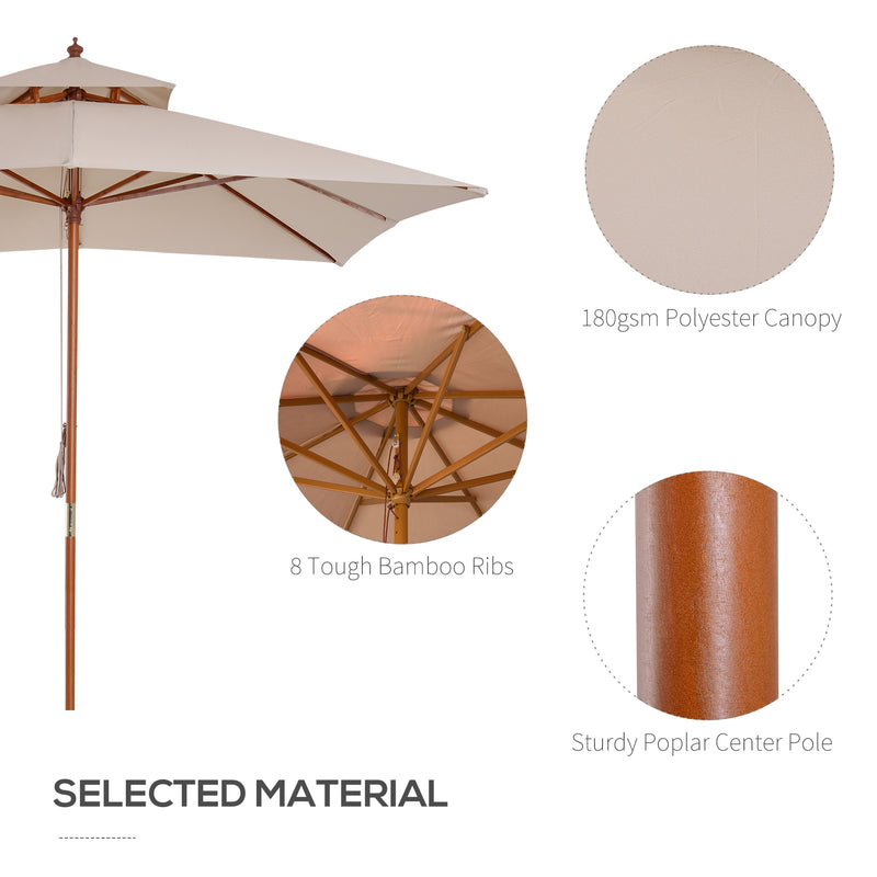 Beige Parasol Patio 3x3M Double Tier Garden Sun Umbrella Sunshade Outdoor Wood Wooden Canopy Tier