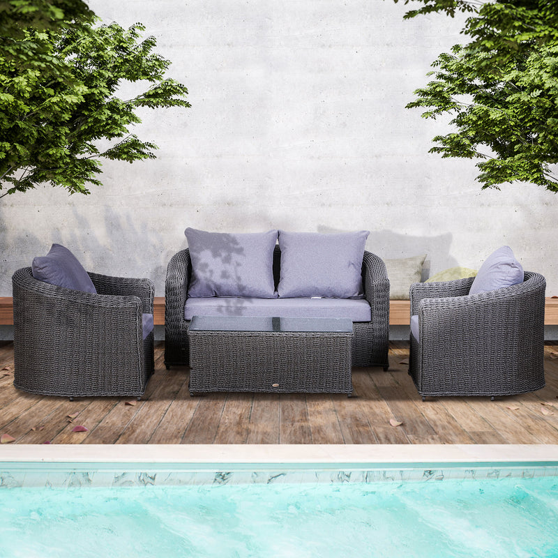 Rattan Garden Furniture Set 4-seater Sofa Set Coffee Table Single Chair Bench Aluminium Frame Fully-assembly, Grey