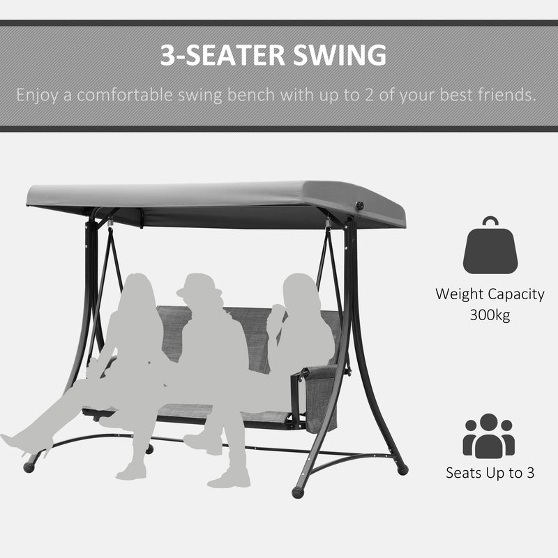 3 Person Outdoor Patio Porch Swing Chair with High Back Design, Side Pouches and Adjustable Canopy, Charcoal Grey