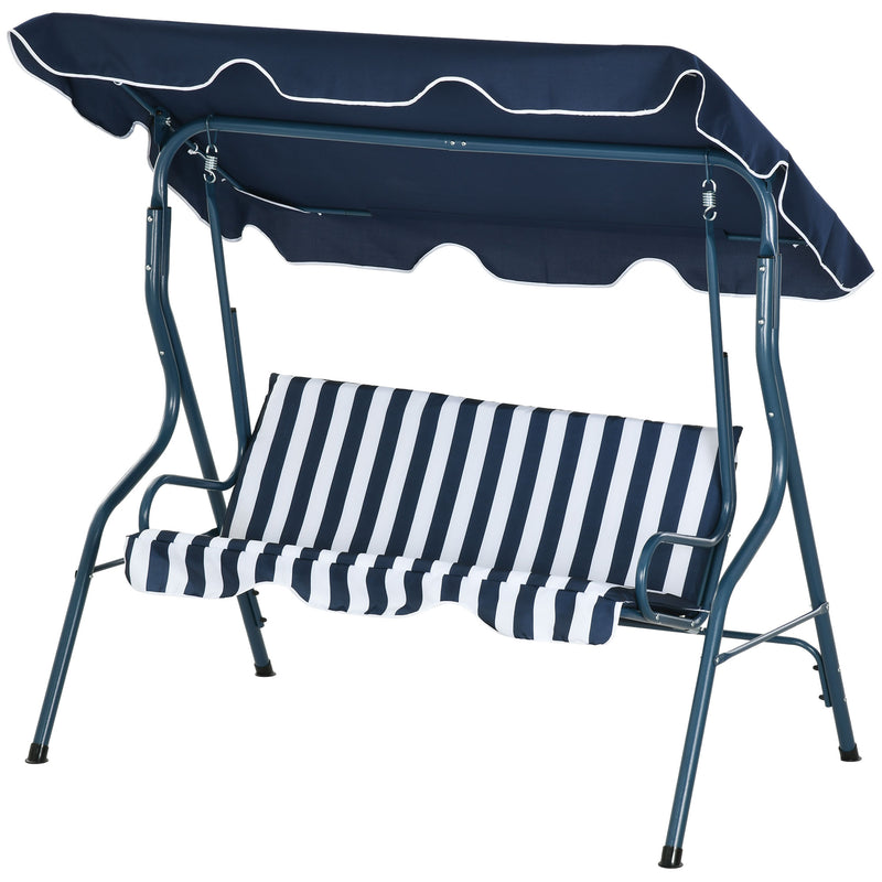 3 Seater Garden Swing Seat Chair Outdoor Bench with Adjustable Canopy and Metal Frame, Blue Stripes