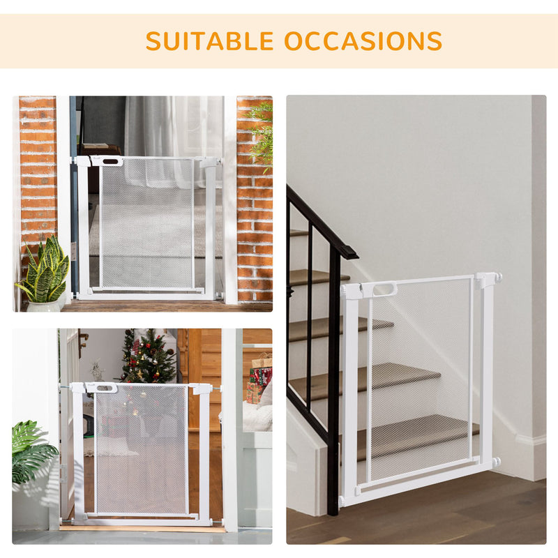 Pressure Fit Safety Gate for Doors and Stairs, Dog Gate with Auto Close, Pet Barrier for Hallways, with Double Locking Openings 75-82 cm White