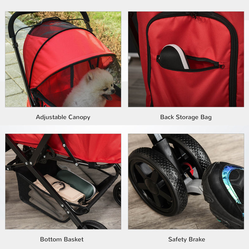 Pet Stroller Dog Travel Pushchair Foldable Jogger with Reversible Handle EVA Wheel Brake Basket Adjustable Canopy Safety Leash Red