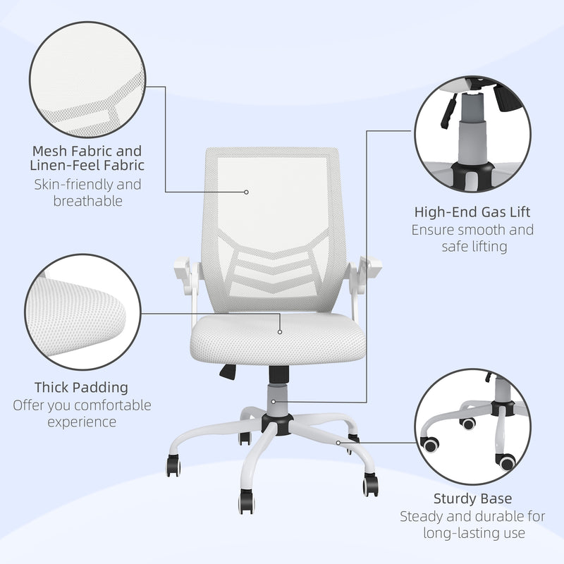 Mesh Office Chair, Computer Desk Chair with Flip-up Armrests, Lumbar Back Support and Swivel Wheels, White