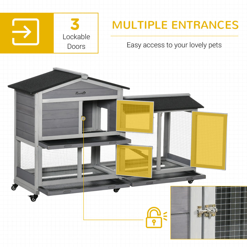 Two-Tier Rabbit Hutch and Run Wooden Mobile Guinea Pig Hutch Bunny Cage w/ Wheels, Run, Slide-Out Tray, Ramp 157.4 x 53 x 99.5 cm