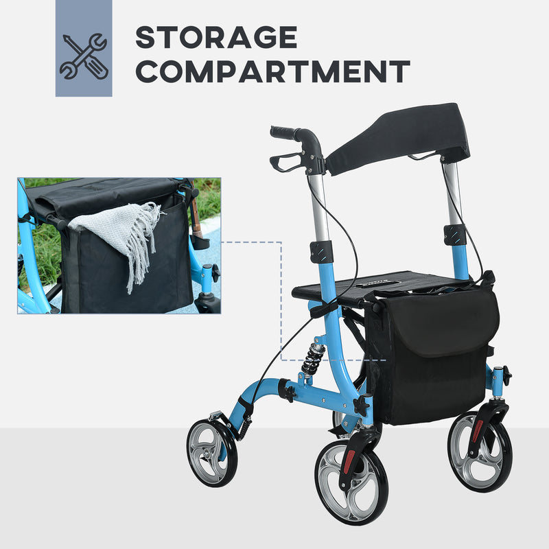 4 Wheel Rollator with Seat & Back, Lightweight Folding Mobility Walker w/ Large Wheels, Carry Bag, Adjustable Height, Dual Brakes, Blue