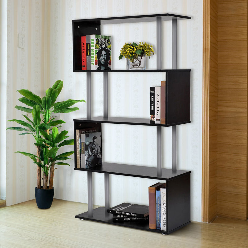 Wooden S Shape Bookcase Bookshelf Dividers Storage Display Unit Black