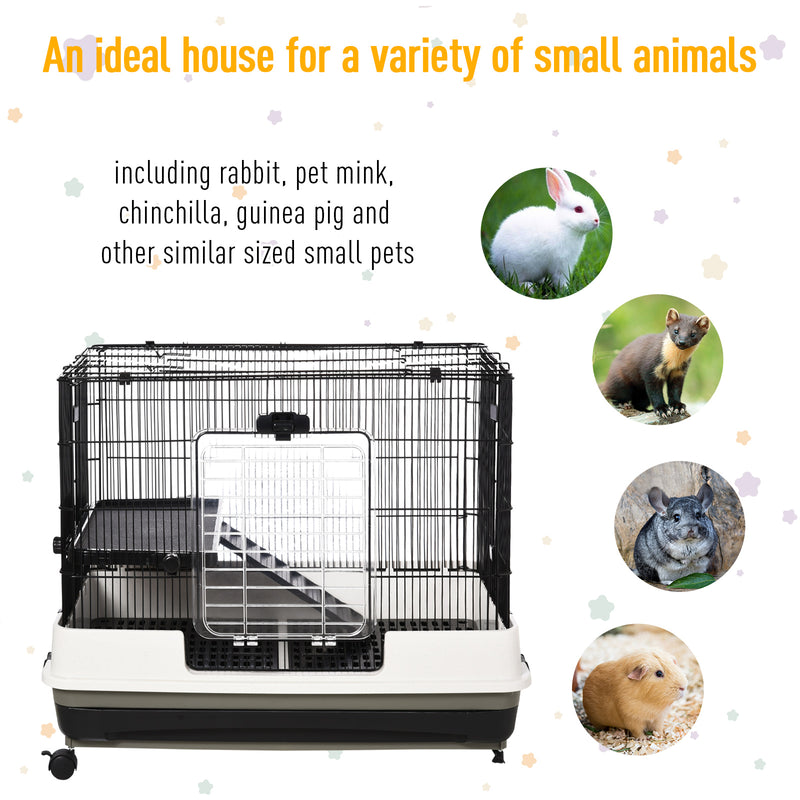 Small Animal Guinea Pigs Hutches Steel Wire Rabbit Cage Pet Play House W/ Waste Tray Black