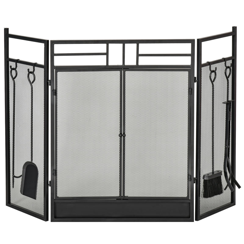 3 Panel Folding Fire Guard, Steel Fireplace Screen with Double Door and Mesh Design for Open Fire, 122W x 80H cm, Black