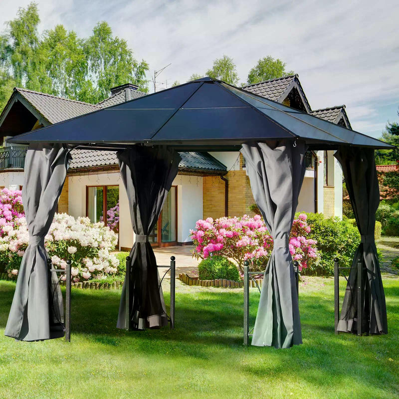 3 x 3(m) Hardtop Gazebo Canopy with Polycarbonate Roof, Steel & Aluminium Frame, Garden Pavilion with Mosquito Netting and Curtains, Black