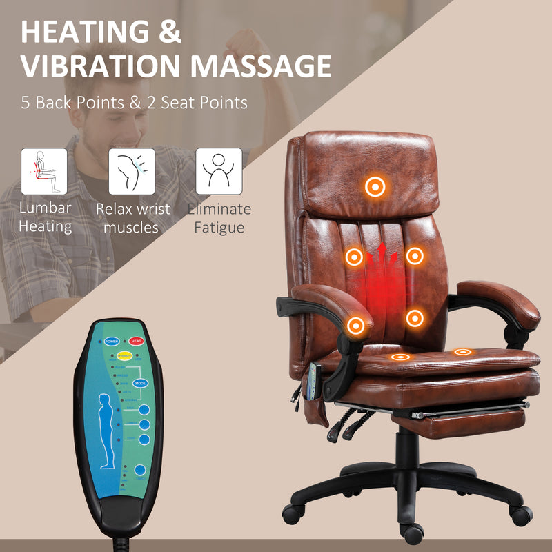 High Back Office Chair, Gaming Recliner Chair with Footrest, 7 Massage Points, Adjustable Height, Reclining Back, PU Leather, Brown