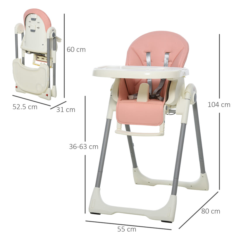 Foldable Baby High Chair Convertible to Toddler Chair Height Adjustable with Removable Tray 5-Point Harness Mobile with Wheels Pink