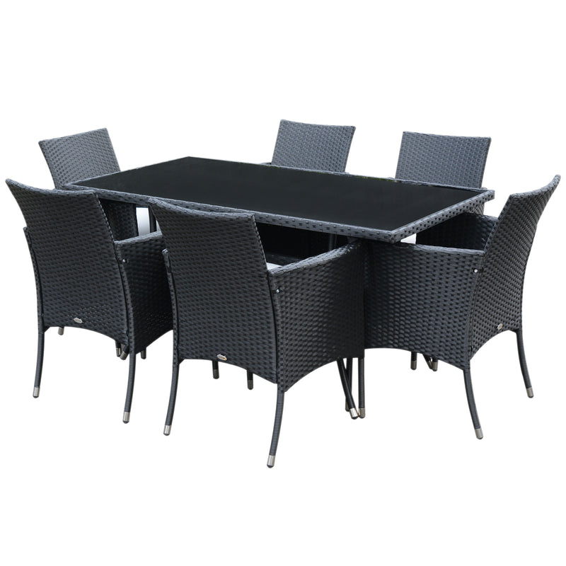6-Seater Rattan Dining Set Garden Furniture Patio Rectangular Table Cube Chairs Outdoor Fire Retardant Sponge Black