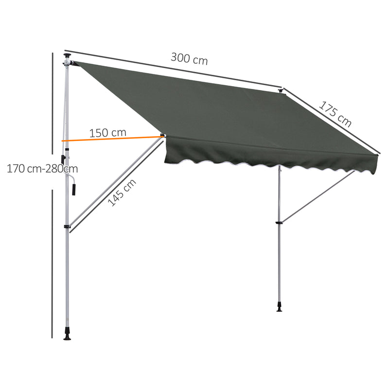 Balcony 3 x 1.5m Manual Adjustable Awning DIY Patio Clamp Awning Canopy Retractable Shade Shelter - Grey