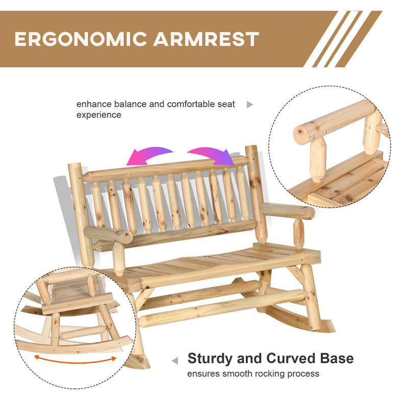 Garden 2-Seater Rocking Bench Wood Frame Rough-Cut Log Loveseat Slatted High Back Rustic Style w/ Armrests Garden Outdoor Furniture, Natural