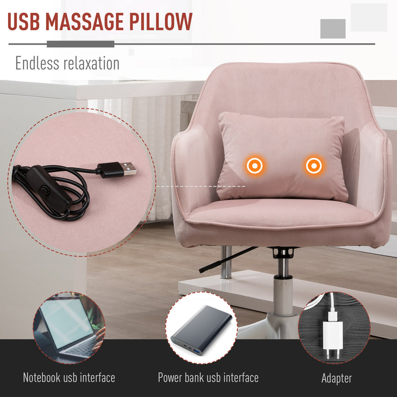 Velvet-Feel Tub Office Chair w/ Massage Pillow Wheels Adjustable Height Ergonomic Padding Luxe Home Style Seat Pink