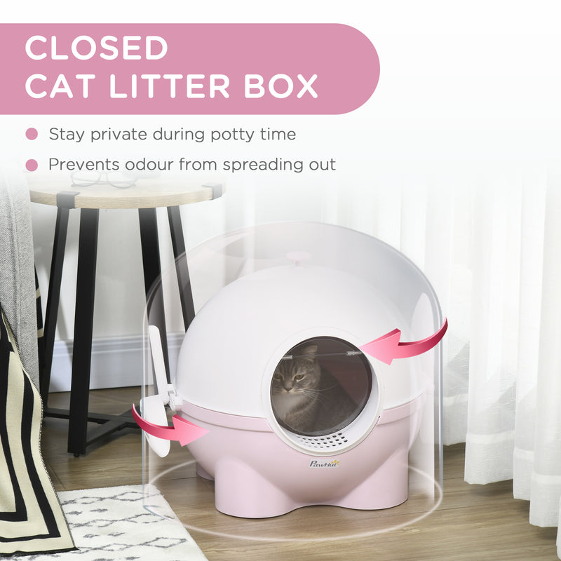Large Cat Litter Box, Hooded Cat Litter Tray with Lid, Scoop, Top Handle, Front Entrance, 53 x 51 x 48cm - Pink