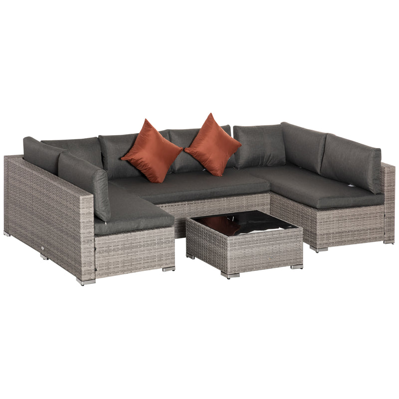 6-Seater Garden Rattan Furniture PE Rattan Sofa Set, Outdoor All Weather Conservatory Furniture, w/ Tempered Glass Coffee Table, Deep Grey