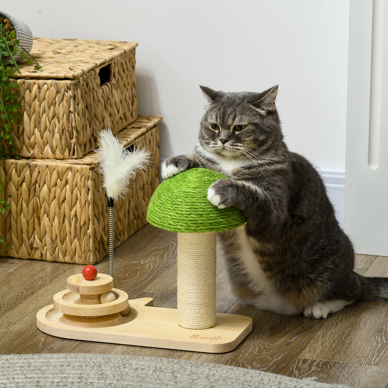 Mushroom-Shaped Cat Scratching Post, with Toy Balls, Feather for Indoor Cats, 35 x 21 x 26cm - Natural Tone