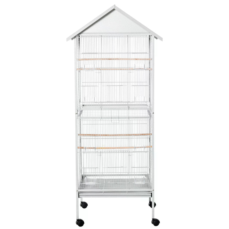 170cm Metal Bird Cage Parrot Cage Mobile Feeder with Rolling Stand Perches Food Containers Doors Wheels White
