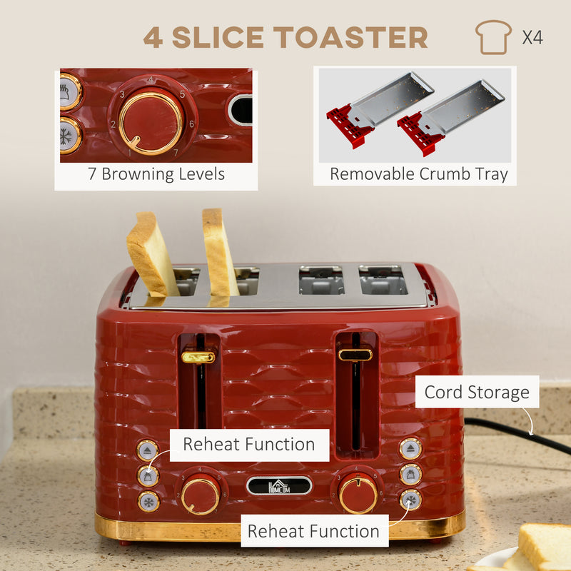 3000W 1.7L Rapid Boil Kettle & 4 Slice Toaster, Kettle and Toaster Set with 7 Browning Controls and Crumb Tray, Red