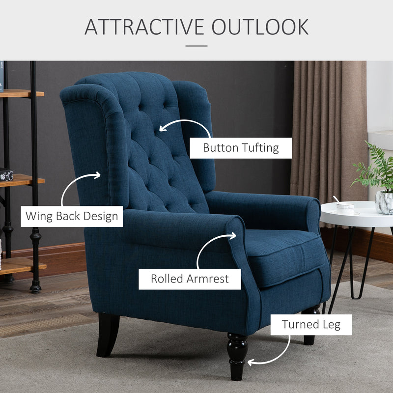 Wingback Accent Chair, Retro Upholstered Button Tufted Occasional Chair for Living Room and Bedroom, Blue