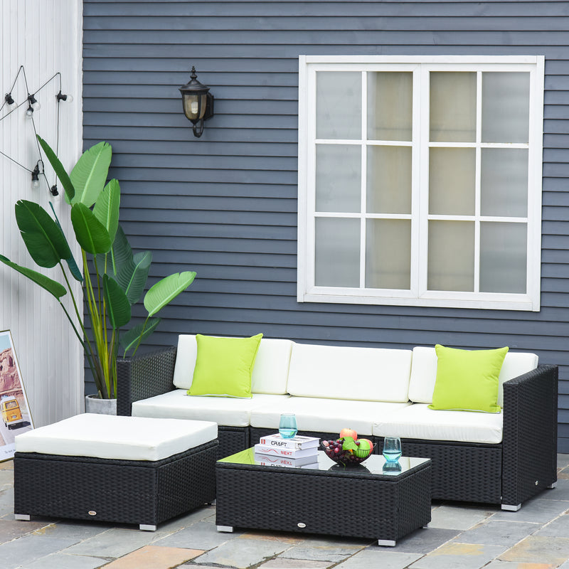 4-Seater Garden Rattan Furniture Outdoor Sectional Rattan Sofa Set Coffee Table Combo Patio Furniture Metal Frame w/ Cushion Pillows Black