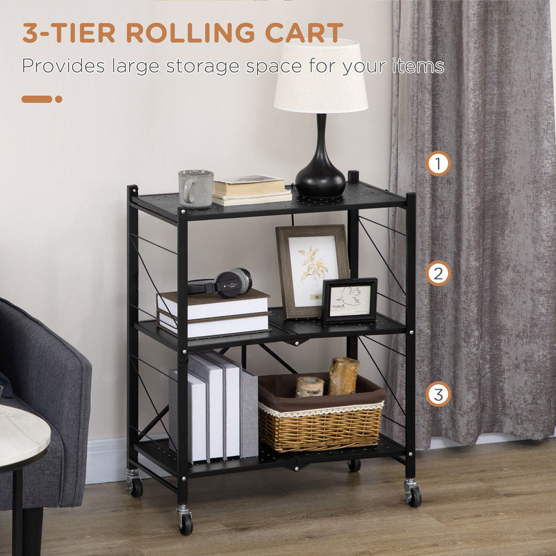 3-Tier Storage Trolley Cart, Foldable Rolling Cart for Kitchen, Living Room and Bathroom, 68 x 34.5 x 85.5 cm, Black